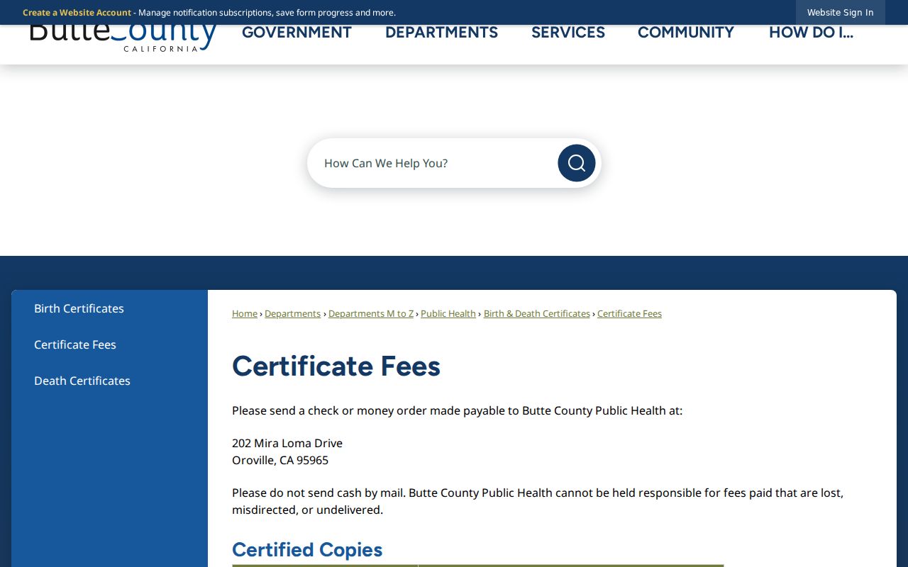 Oroville previous residents county certificate fees