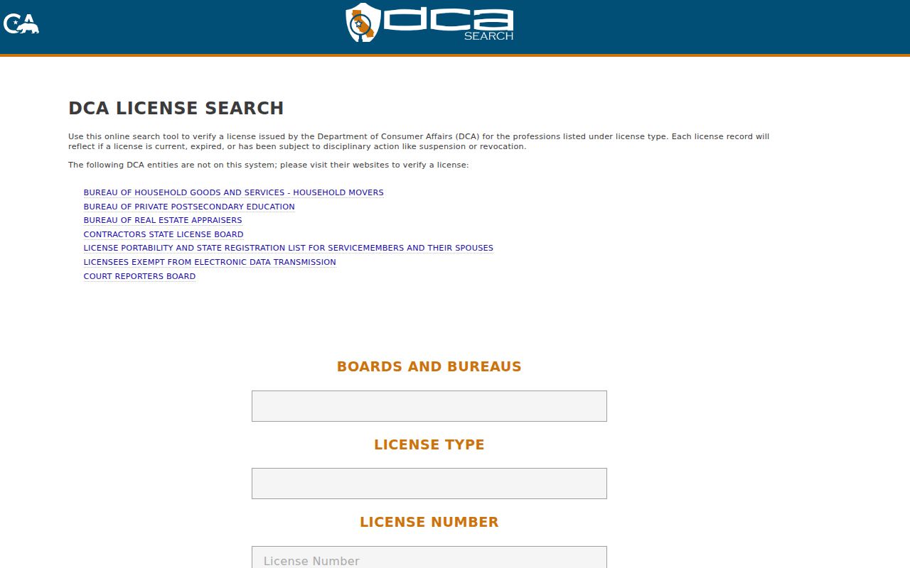 Oroville resident lookup view of the California professional license search